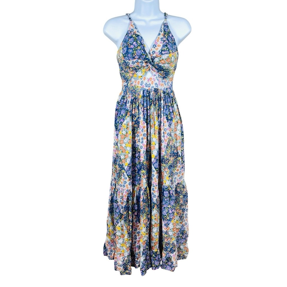 Angie Twist Front Cut Out Midi Dress Sz L Colorful Floral Patchwork Tiered Boho‎